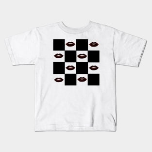 Black and White Checkerboard Lips Pattern Kids T-Shirt